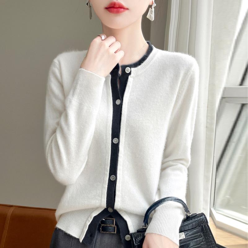 100% Pure Wool Color Block Round Neck Sweater - Women's Autumn/Winter Knit Cardigan, Solid Color, Fake Two-Piece Style.