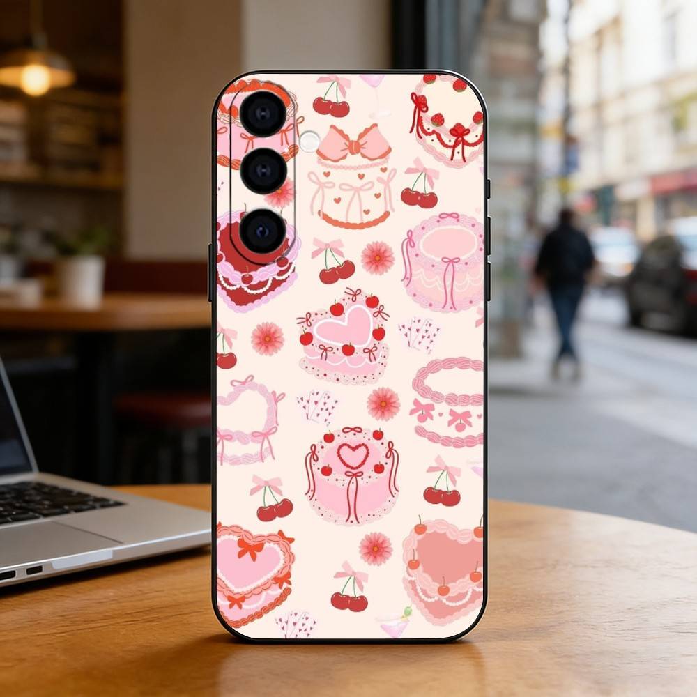 INS Cream Strawberry Cake Cartoon Cute Phone Case Black Silicone Soft For Samsung Galaxy A73,A72,A71,A70,A53,A52,A51