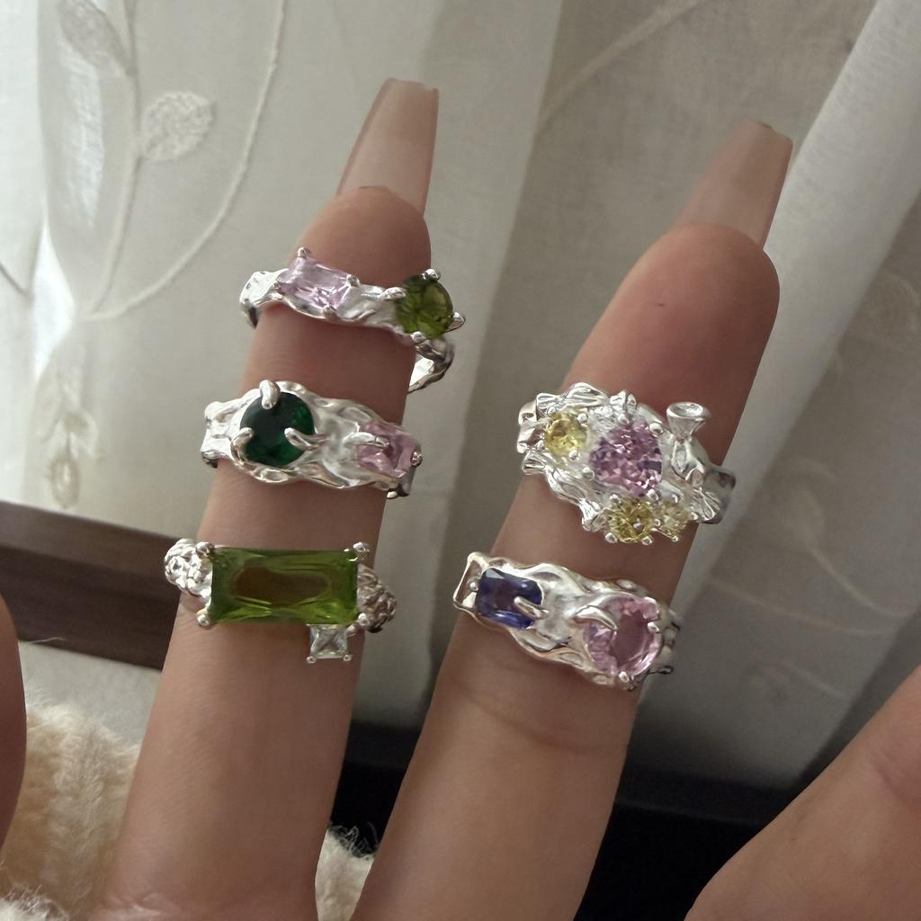 925 Sterling Silver Rings for Women Couple Minimalist Handmade Simple Pink Green Stone Ring Fine Jewelry Gift Prevent Allergy