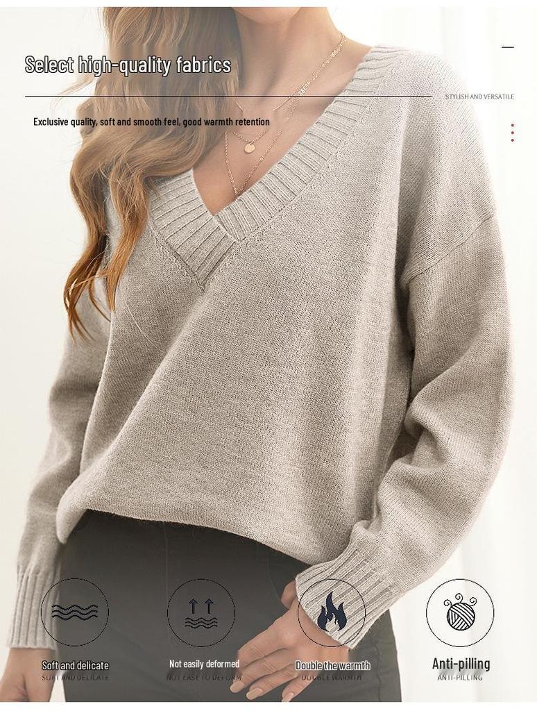 European & American Style Women's Loose V-Neck Knitted Pullover Sweater