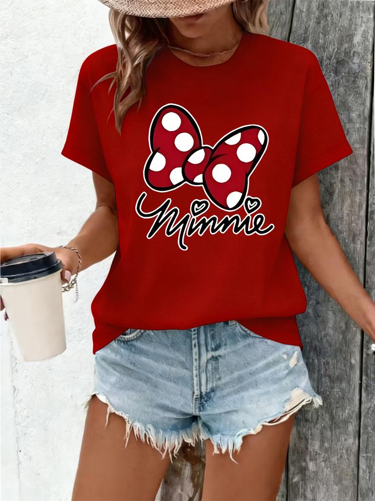Red Polka Dot Bow and Handwritten Minnie Pattern T-shirt Short Sleeve Top Casual Fashion Printed for Elegant Women's Clothing