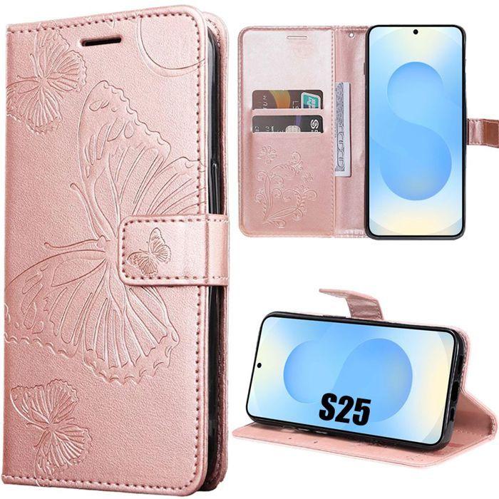Coque de protection - BOOLING - pour Samsung Galaxy S25 - Synthécuir - Motif Papillon - Rose