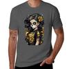 Sugar Skull Girl with Black Hair and a Single Gold Rose TShirt Soft Casual Short Sleeve Cotton Tee