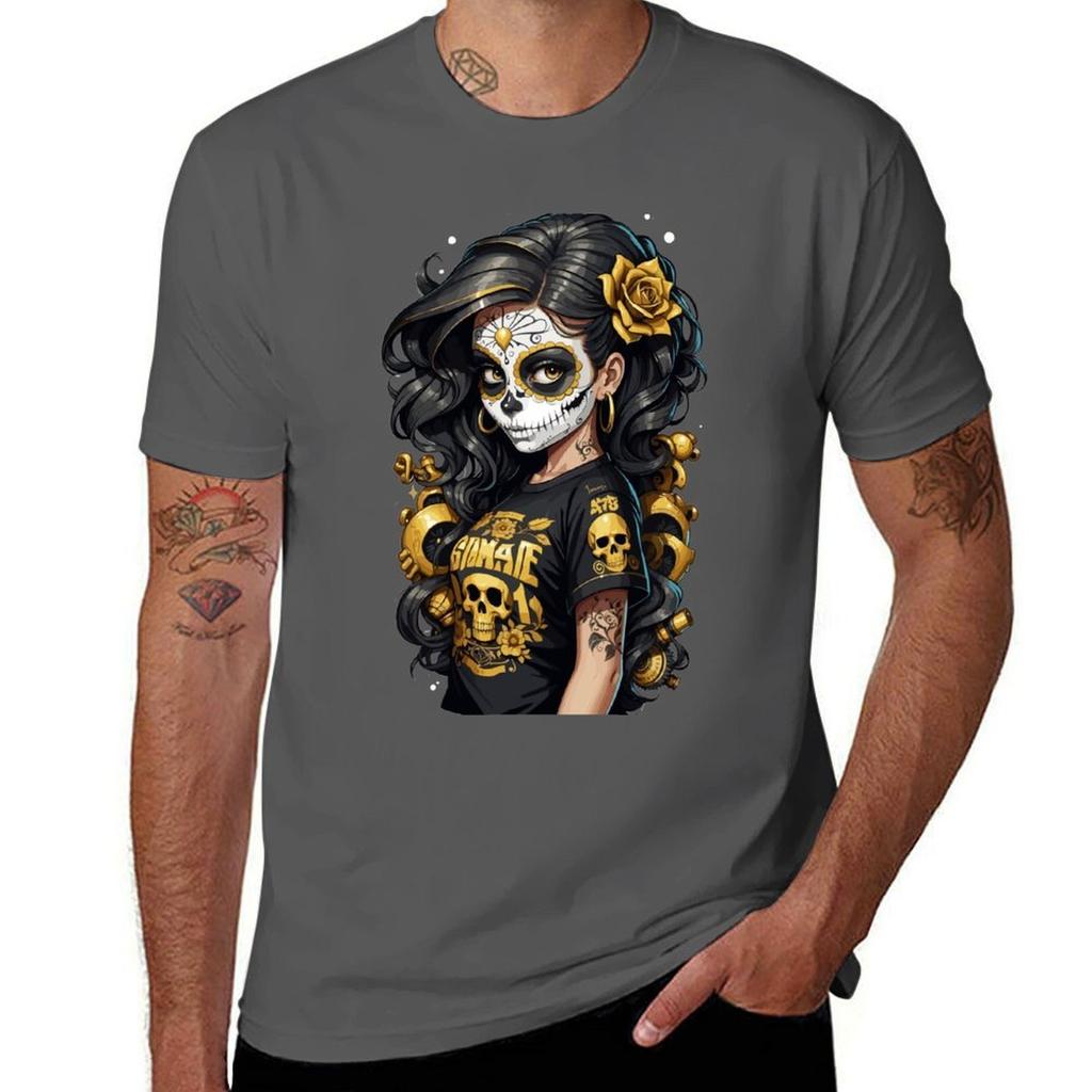 Sugar Skull Girl with Black Hair and a Single Gold Rose TShirt Soft Casual Short Sleeve Cotton Tee