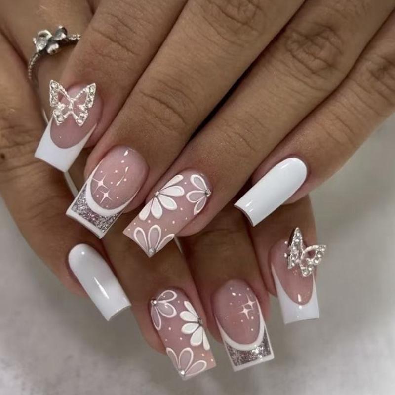 24pcs Simple Yet Stylish Press On Nail French 3D Rhinestones Butterfly and Floral Design Stick On Nail for Celebrations
