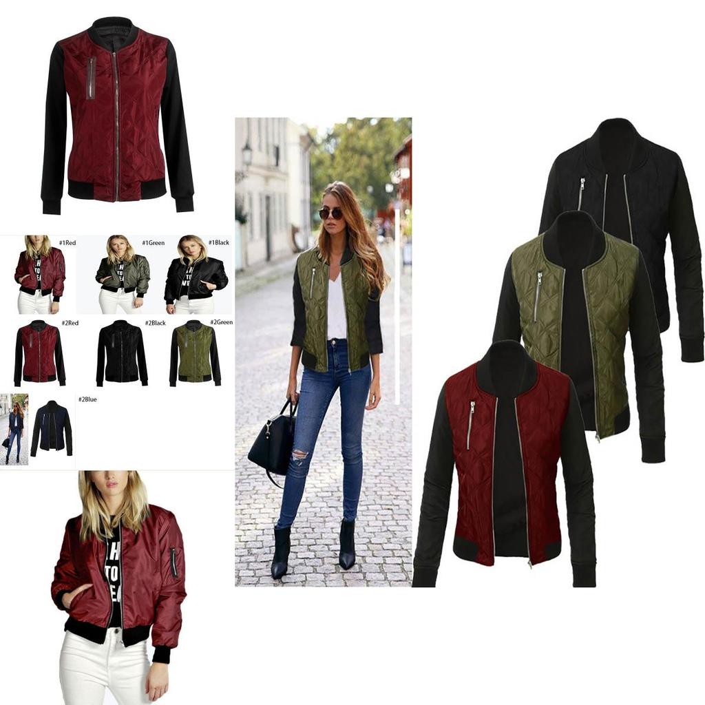 Stylish Womens Classic Padded Bomber Jacket Vintage Zip Biker Coat Long Sleeves