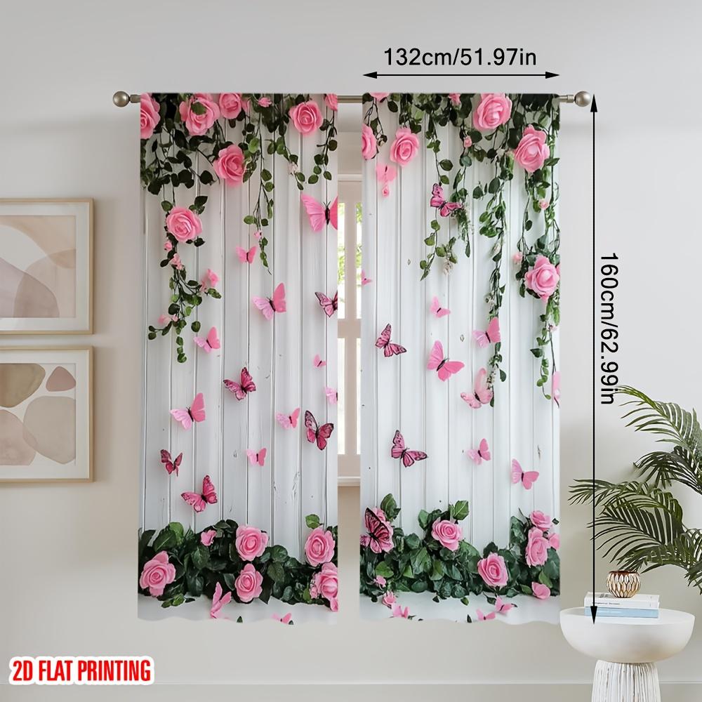 2Pcs Polyester Butterflies Pink Roses Printing Window Curtains Birthday Party Decoration Backdrop Drapes for Living Room