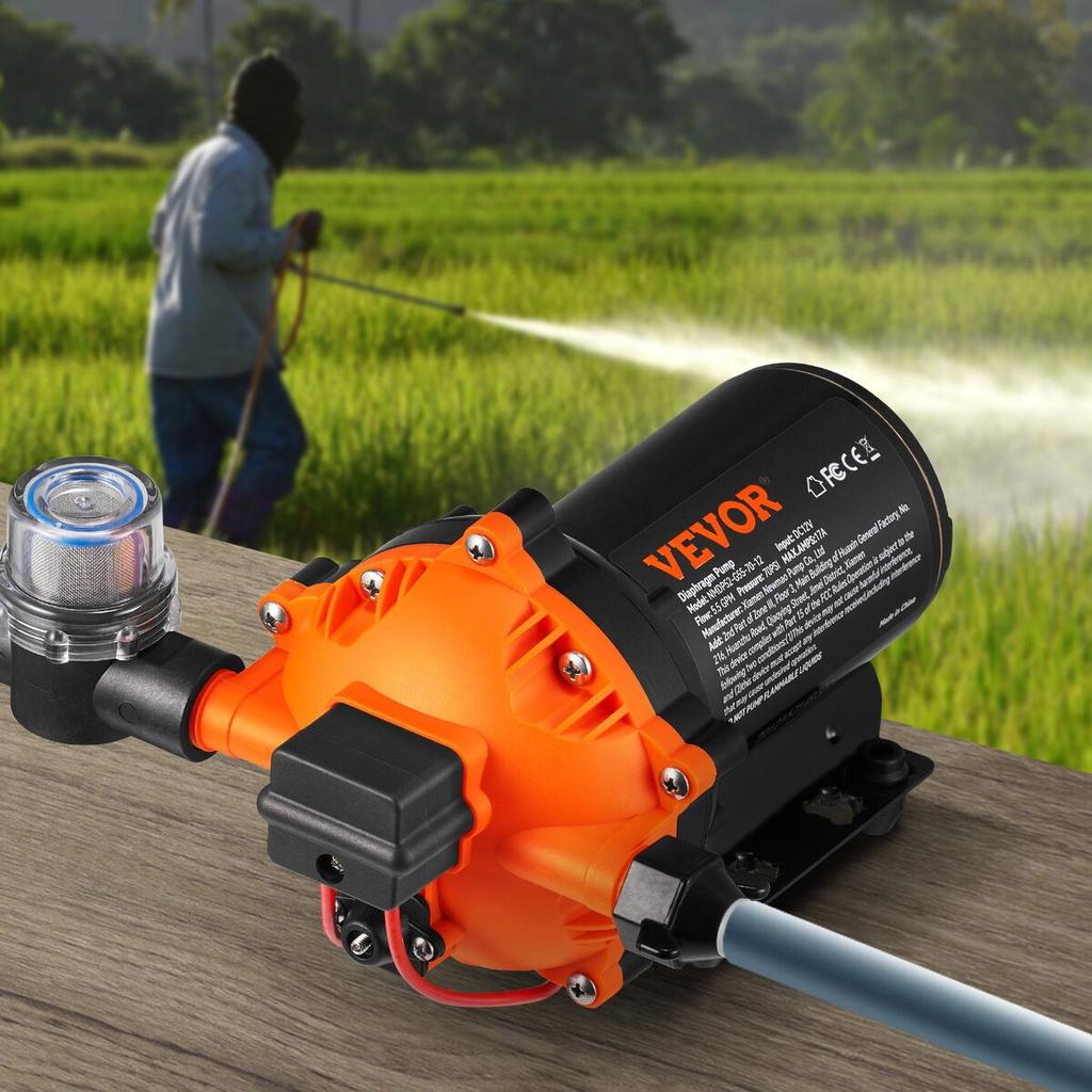 Water Diaphragm Pump, 12V DC, 5.5 GPM Flow, 70 PSI Rated Pressure (40-100 PSI Adjustable), 1/2" MNPT Self Priming Sprayer Pump with Pressure Switch