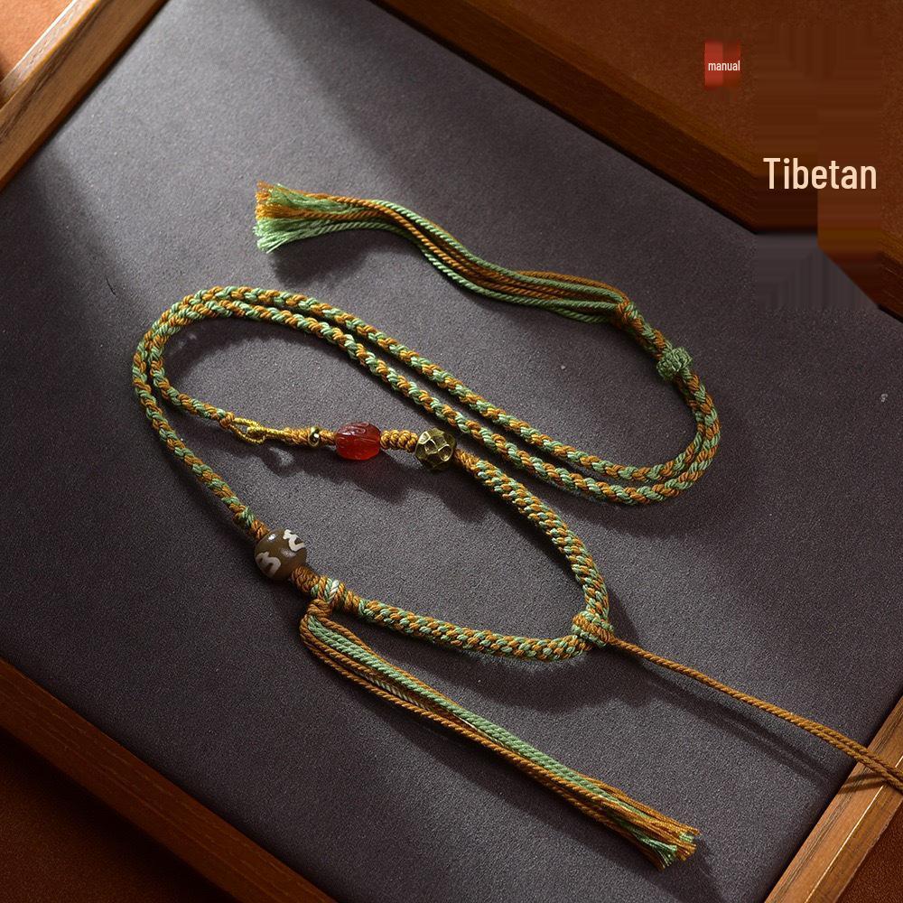 Tibetan Handmade Adjustable Thangka Pendant Necklace with Dzi Bead and Amber Jade Cord