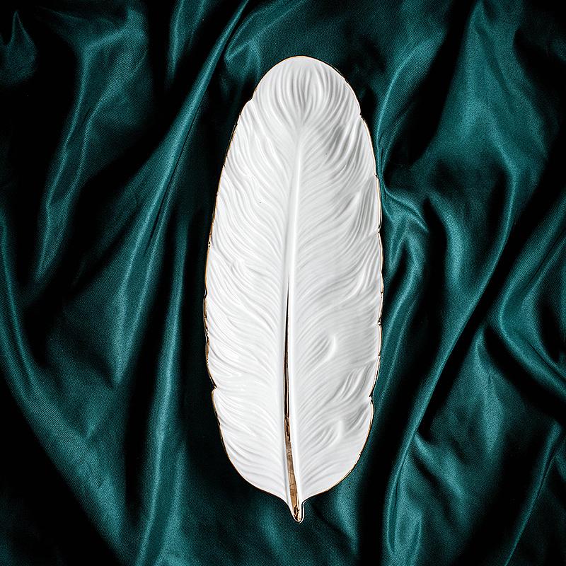 10inch Ceramic Feather Shape  Plate Gold Porcelain Dessert Jewelry Plates Dish Dinnerware Sushi Tableware Storage Tray