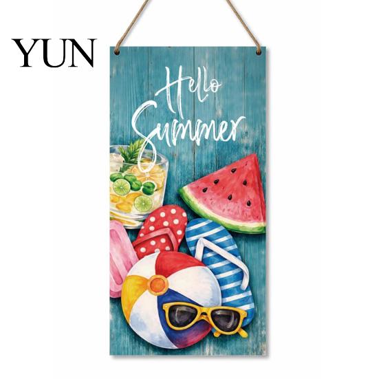 Refresh Home Decor Summer Wooden Hanging Sign, Welcome Sign Front Door with Farmhouse Wall Art Rope, Colorful Hanger for Seasonal Beach House