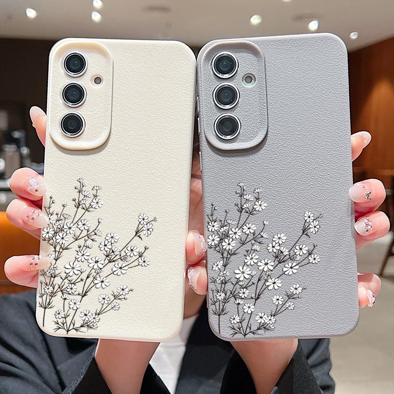 Floral Print TPU Leather Texture Slim Phone Case For Samsung S25 Ultra S24 FE S23 S22 A56 A36 A16 A15 A55 A35 Matte Shockproof Soft Bumper Cover