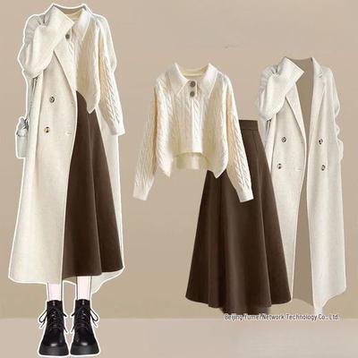 Autumn/Winter 2025 Korean Style Set: Coat, Knitted Sweater & Slimming Midi Skirt