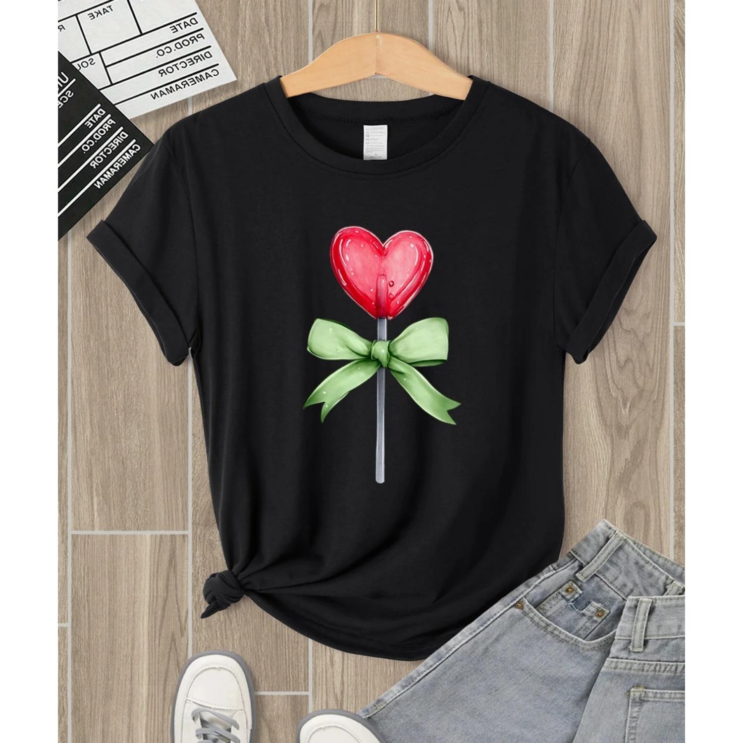 

Red Heart Bow Lollipop Printed Woman T-Shirt Summer All-Match Short Sleeve O-Neck Soft Clothing Hip Hop Casual Streetwear S чёрный