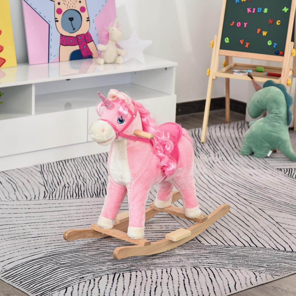 Kinder Plüsch Schaukelpferd Reittier Einhorn mit Geräusch Bewegendem Mund Wedelndem Schwanz Kinder Schaukeltier Spielzeug Geschenk 3-6 Jahre Rosa
