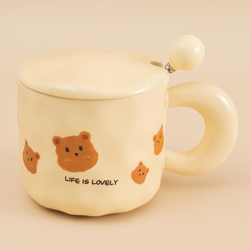 Korean Retro Bear Mug with Lid Spoon High Value Girl Couple Ceramic Cup Office Drinking Water Coffee Cup