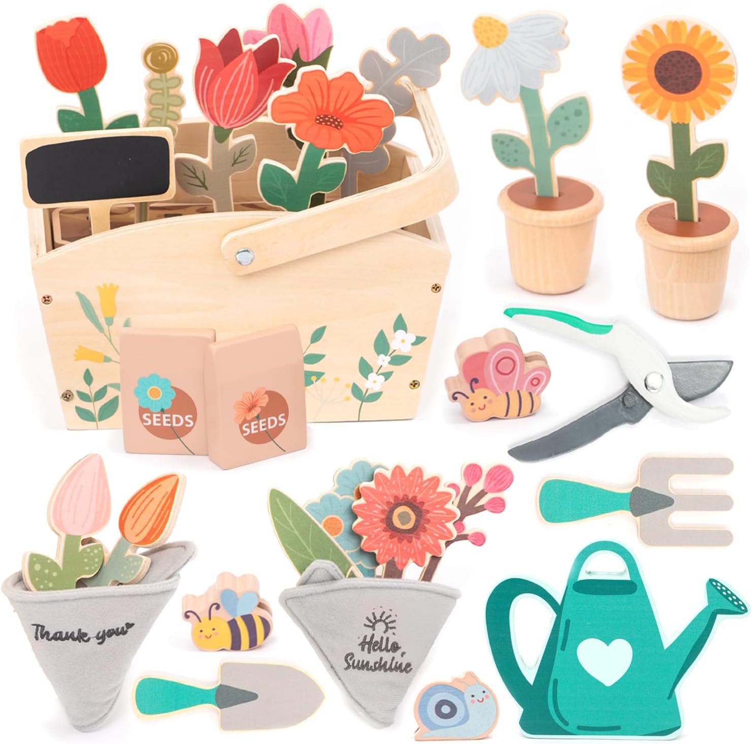 

Wooden Garden Play Set – 30 Pcs Kids Children Gardening Toy with Watering Can Shovel Rake Basket Accessories – Outdoor Pretend Play