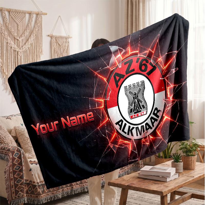 AZ Alkmaar Personalized Fleece Blanket With Football Logo, Custom Name Text Soft Warm Home Throw Blanket
