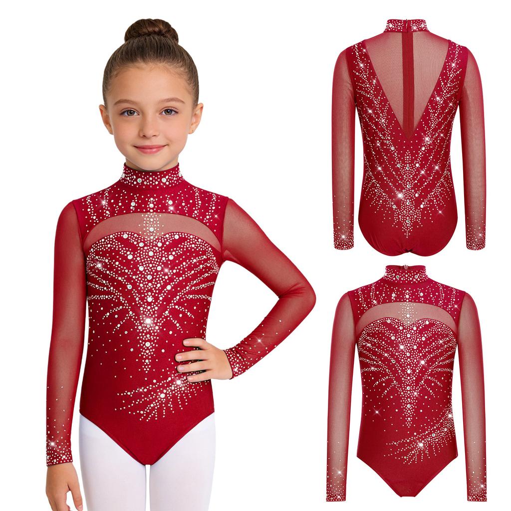 Dívčí trikot s rolákem a dlouhým rukávem, síťované díly, třpytivé kamínky, skrytý zip na zádech, gymnastický body