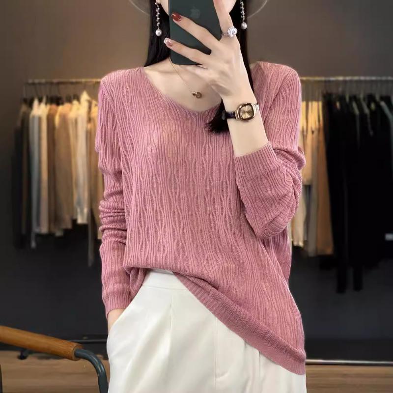 Neues V-Ausschnitt Hollow Bottoming Shirt Damen Pullover Kammgarnwolle leicht transparent lässig locker Pullover Top