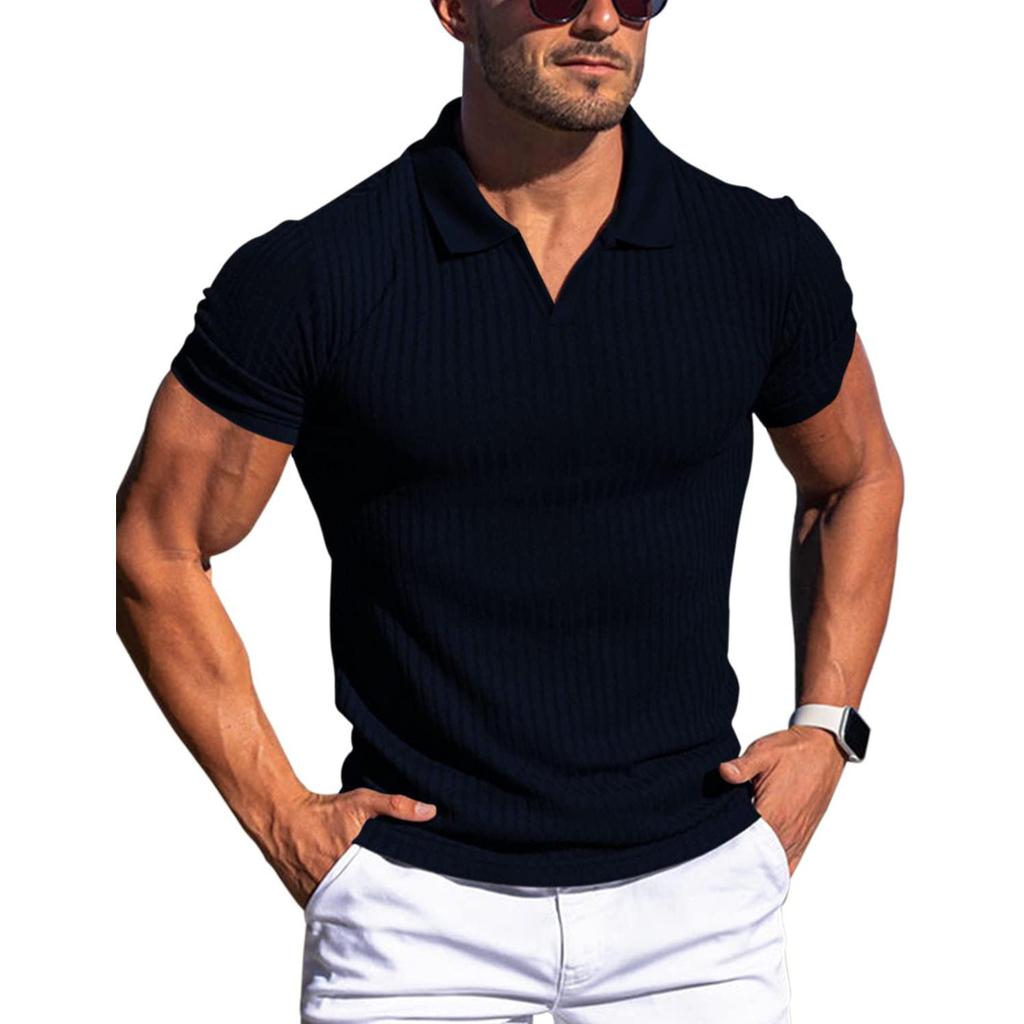 Pánská polokošile Muscle V Neck Polokošile Slim Fit Golfová trička s krátkým rukávem Žebrovaný úplet Měkká trička Letní svetr s límečkem pro muže Prodyšná trička