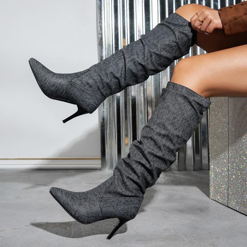 Women's Fall/Winter Plus Size Women's Boots Pleated Denim Stiletto Fashion Boots Rider Boots
