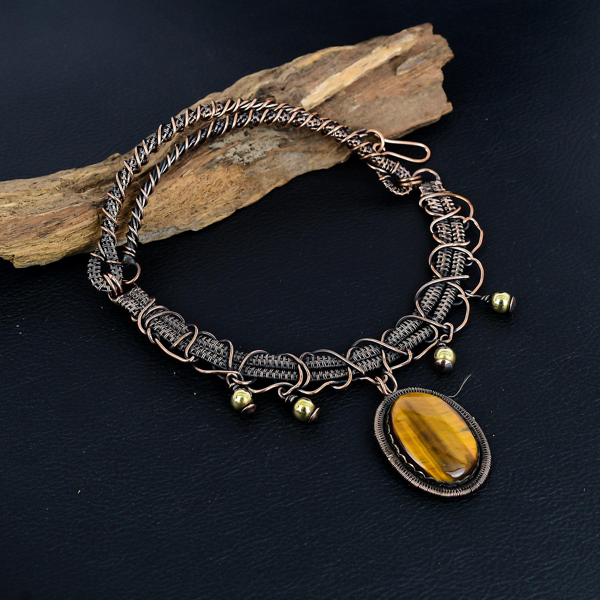 

Ожерелье из тигрового глаза, обернутое медной проволокой 999 пробы, регулируемое, цепочка, ручная работа, драгоценный камень, подарок для мамы, антикварные украшения