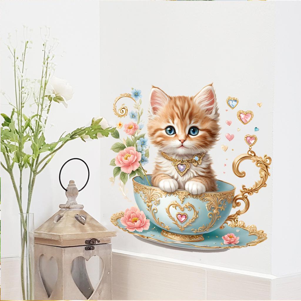 Cat Tea Cup Floral Heart Wall Sticker Self-Adhesive No Glue Residue Hallway Bedroom Home Decor Art