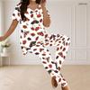 Women Plus Size V Neck Short Sleeve Pajama Set Pumpkin Bat Bow Print White Loungewear