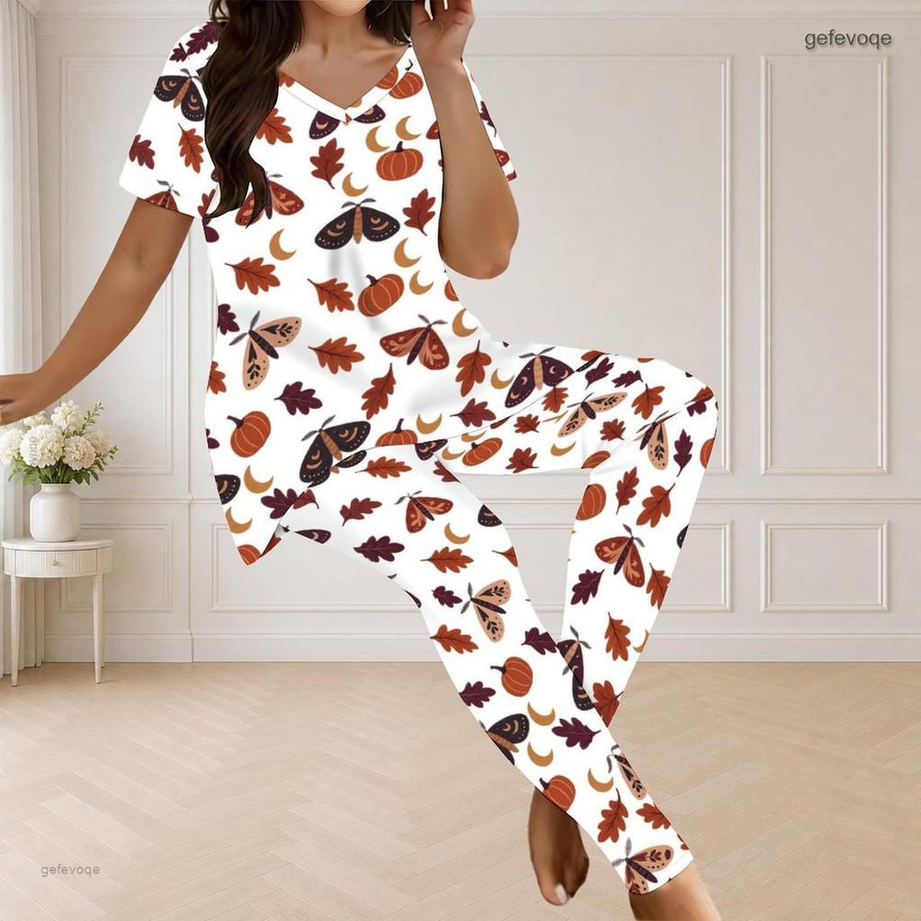 Women Plus Size V Neck Short Sleeve Pajama Set Pumpkin Bat Bow Print White Loungewear
