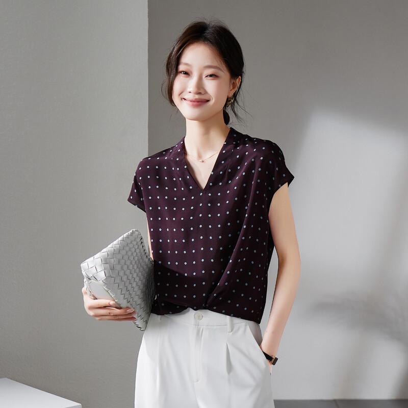 SOFSIL Women s 2026 Summer Mulberry Silk Retro Polka Dot V-Neck Short Sleeve Shirt S