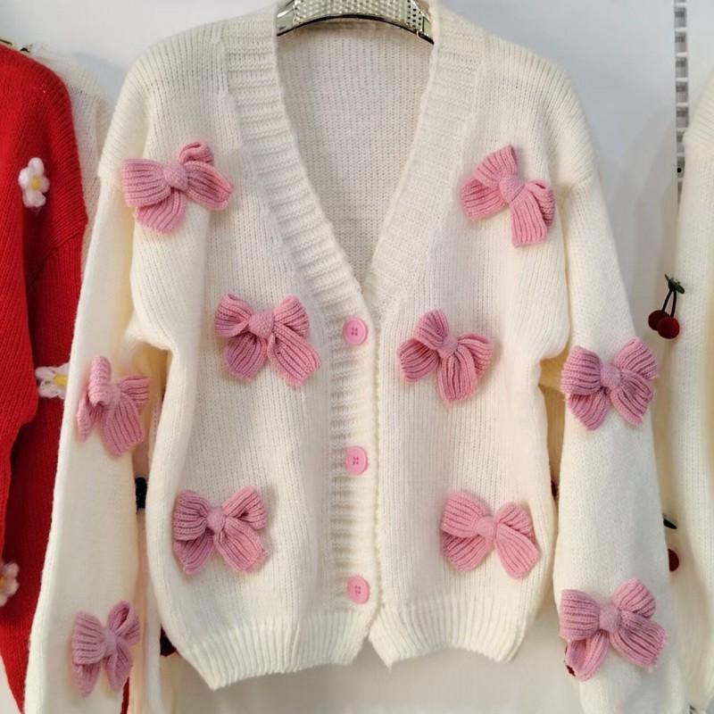 2026 Womens V-Neck Knit Cardigan Loose 3D Bow Sweater Coat Soft Warm Winter