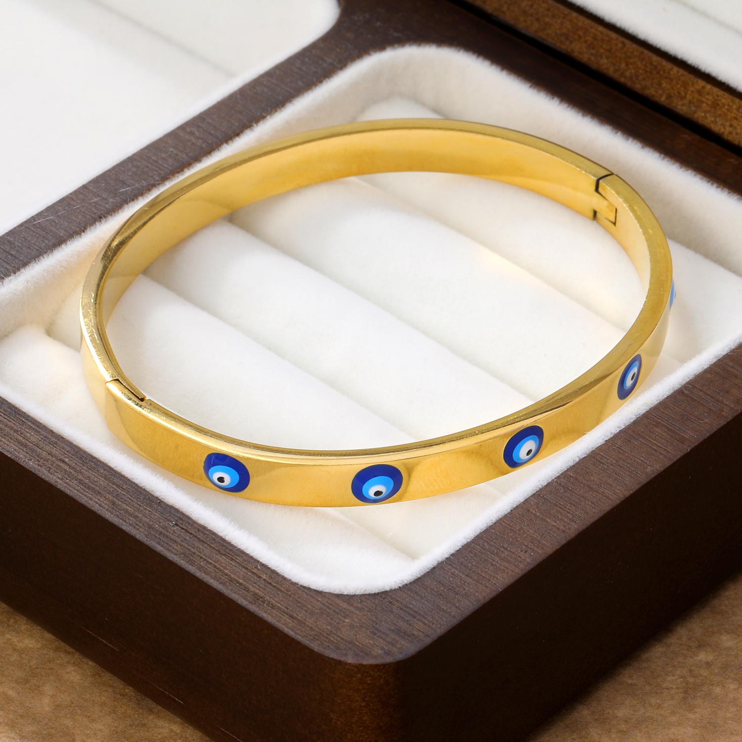 

Blue Turkish Eyes Drip-Oil Gold PVD Plated Bangles Waterproof Stainless Steel Hard Bracelets for Female Girl Wrist Jewelry Gifts