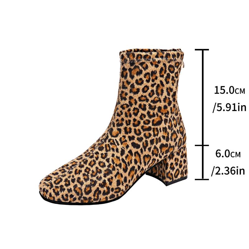 Leopard Print Square Toe Thick Heel Fashion Women's Boots Suede Autumn and Winter High Heels Short Boots Plus Size 35-43