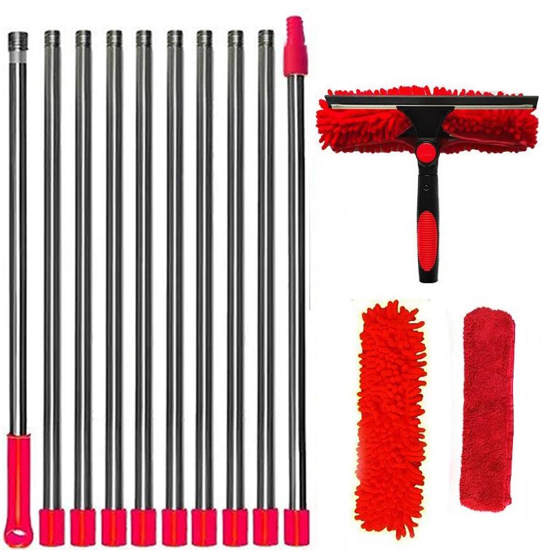 Extended Window Cleaning Kit 2 in 1 Double Sided Glass Squeegee Cleaner Duster Mop 180° Swivel Window Cleaning Tools