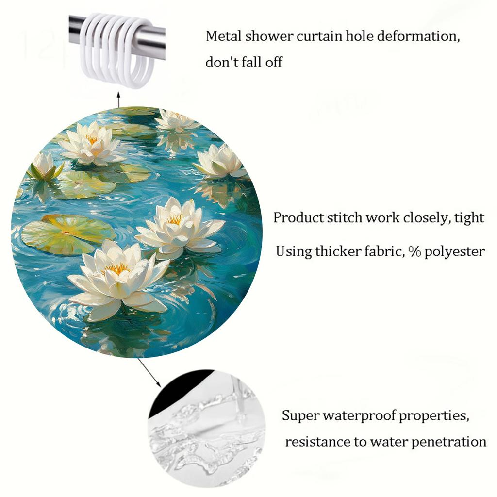 1 piece Secret Pond Lotus Print Shower Curtain, Waterproof Polyester Fabric with Hook, Machine Washable, Stain Resistant