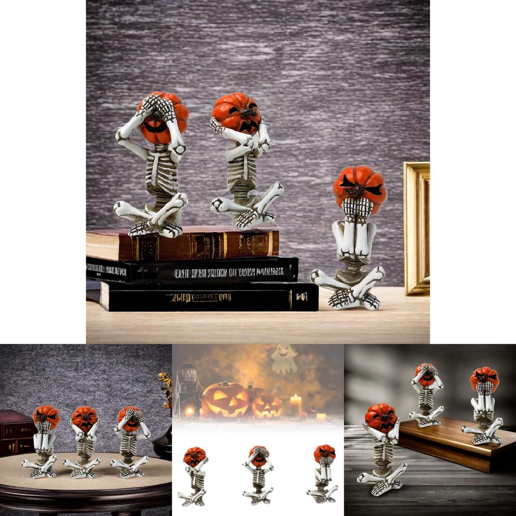 Delightful White Pumpkin Skull Set Three Resin Figurines Perfect For Halloween Parties
