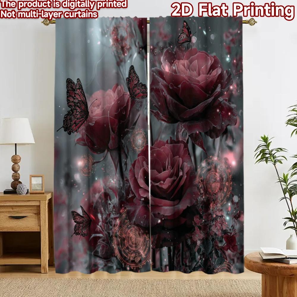 2D flat printing 2pcs Curtain Curtains Valentine's Red Roses Butterflies Digital Printed Polyester Drapes Festive Wall Decor