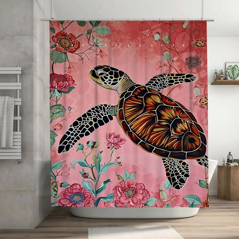 Tropical Turtle Shower Curtain Floral Print Pink Polyester Fabric Bathroom Decoration Customized