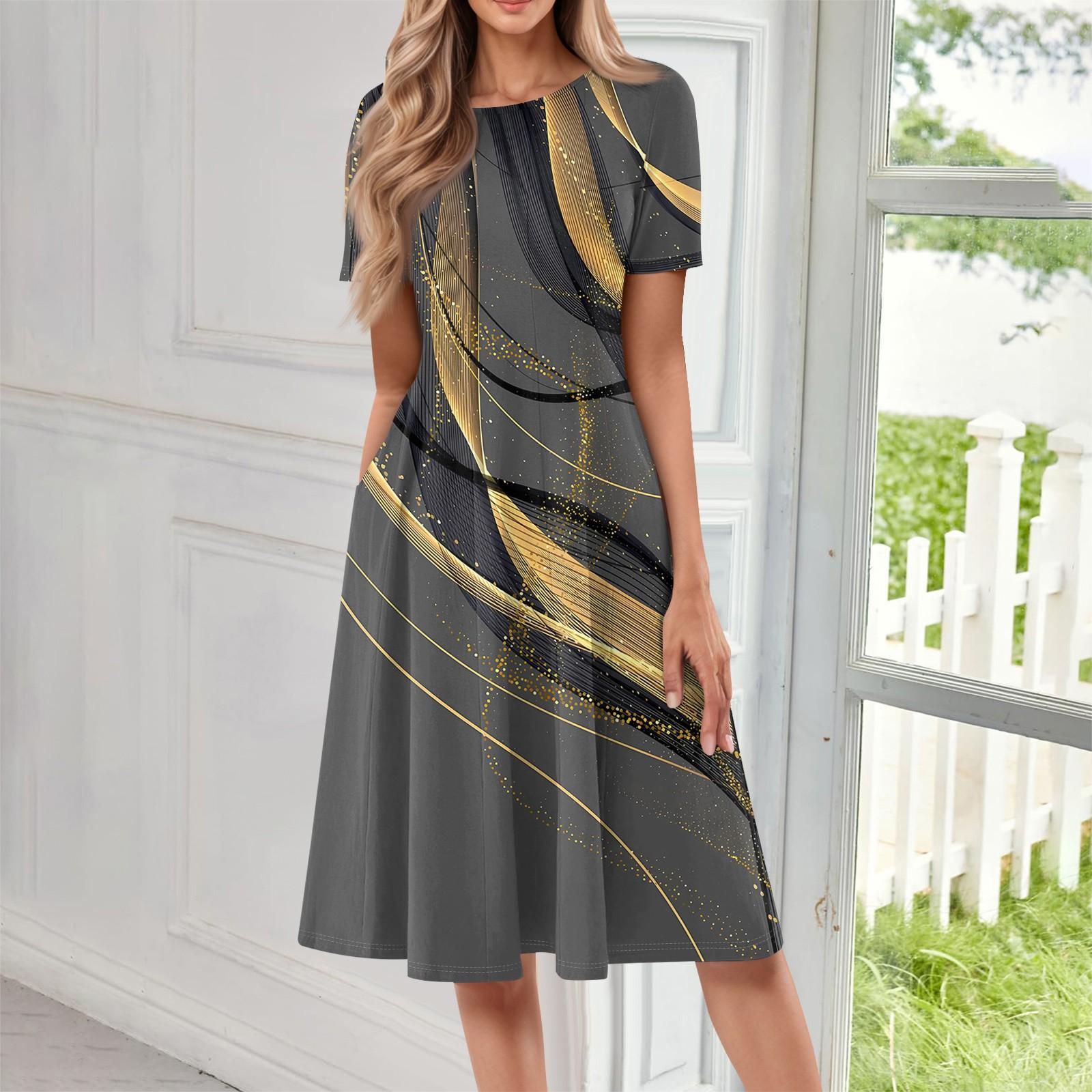 

Женское повседневное модное платье миди с круглым вырезом и коротким рукавом с принтом XXXL золотой