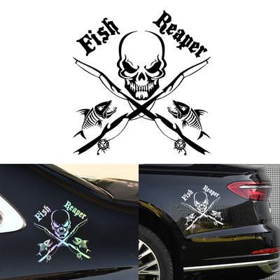 17CM*17CM Fish Reaper Skull Fishing Rod Car Boat Truck Window Vinyl Decal Graphic Sticker Stylings Black Sliver C8-0731