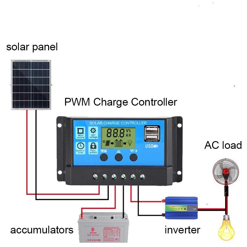 Solar Controller 10A 20A 30A PWM Battery Charger LCD Display Dual USB 5V Output 12V/24V 50A 60A Solar Regulator LCD Display