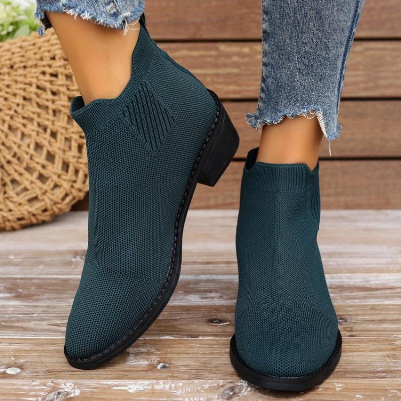 Large Size Flying Knitted Boots Women's Autumn Low Heel Pointed Breathable Boots Women's Chelsea Boots