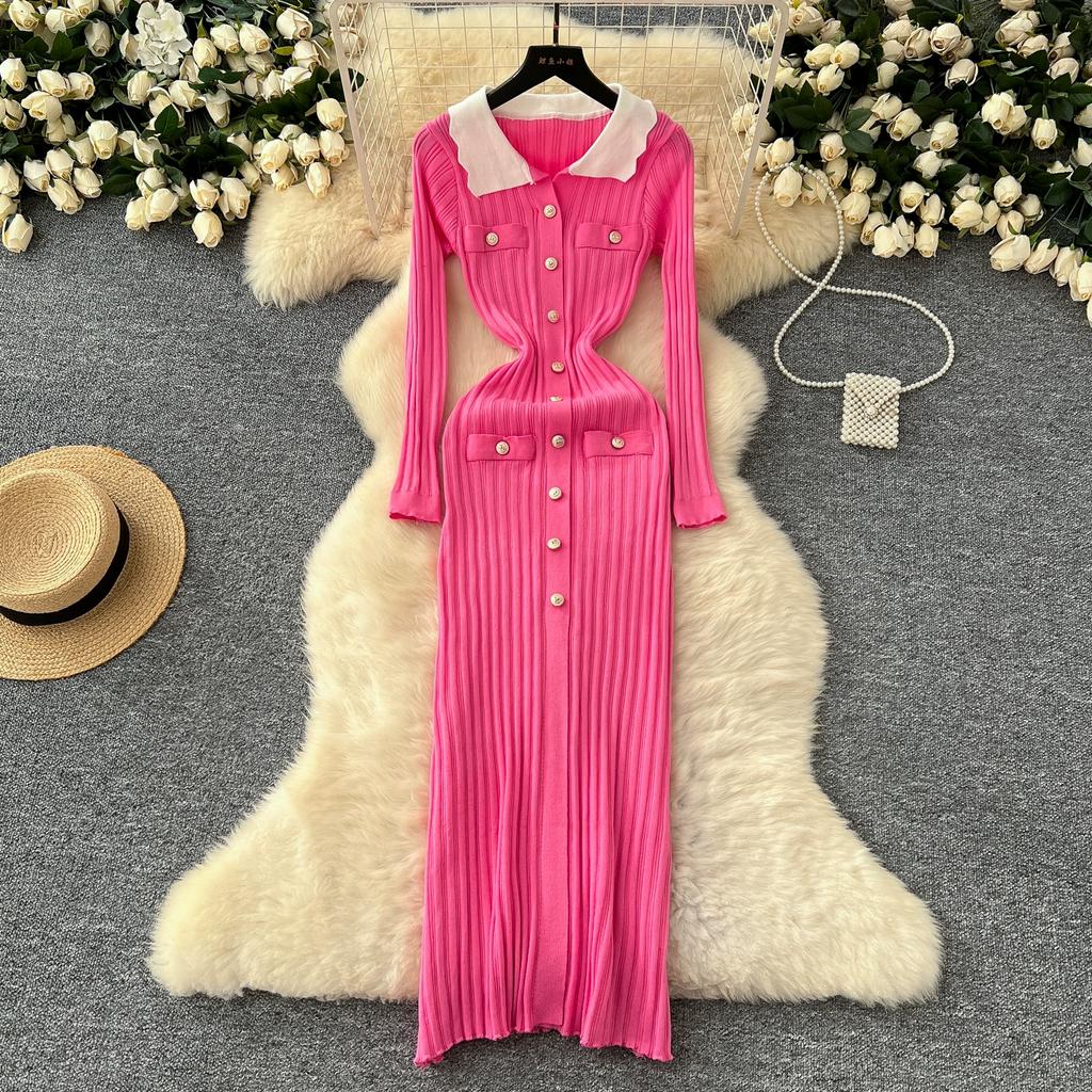Autumn Winter Women Elegant Turn-down Collar Full Sleeve Knitted Sweater Long Maxi Sheath Dresses