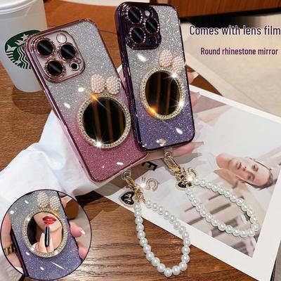 Apple 17 Glitzer Diamant Spiegel Handyhülle mit Perlenarmband für iPhone 16 Pro Max