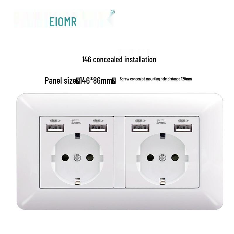 Curved White European Standard Socket Panel with Double USB & Type C, German Switch, Concealed Installation