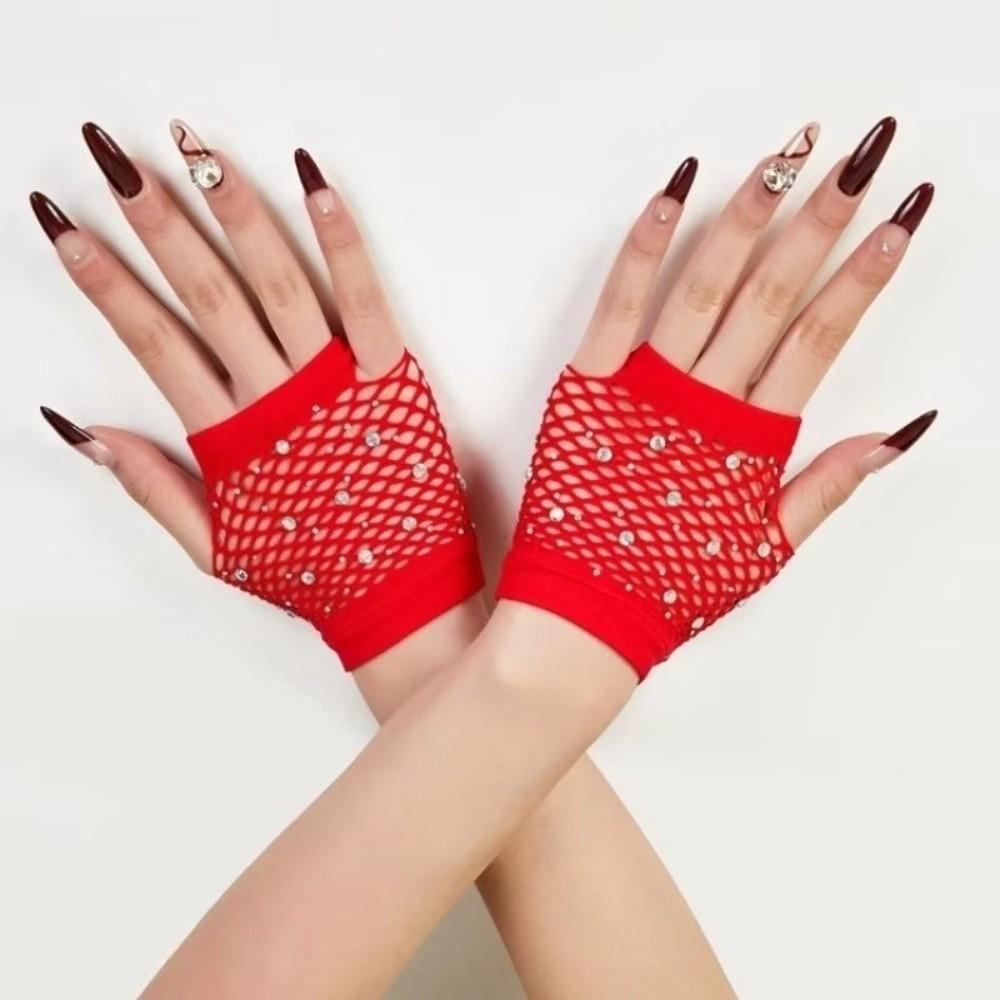 Fishnet Design Rhinestone Gloves Shiny Decor Short Gloves New Fingerless Gloves Dance Performance