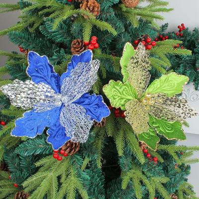 2Pcs 30Cm Christmas Glitter Flower Sequins Simulation Artificial Poinsettia Flower Realistic Christmas Tree Decorations
