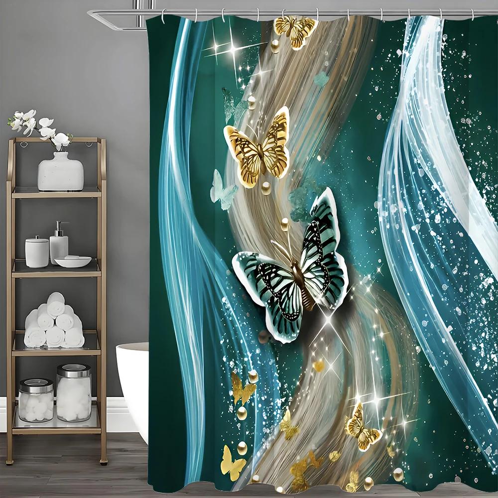 Shower Curtain with Blue Butterflies and Gold Butterflies, Water Surge, White Gauze Shower Curtain with Hooks, Waterproof Shower