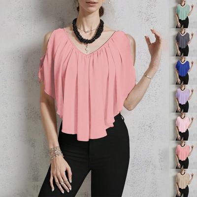 Women's Casual V-neck Off-shoulder Solid Color T-shirt